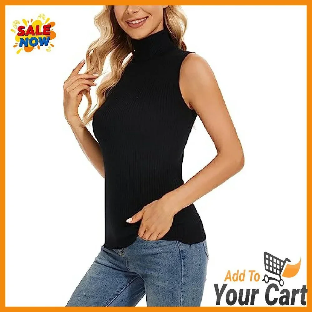 Sleeveless Turtleneck Vest Stretchy Knit Slim Fit Women's Top